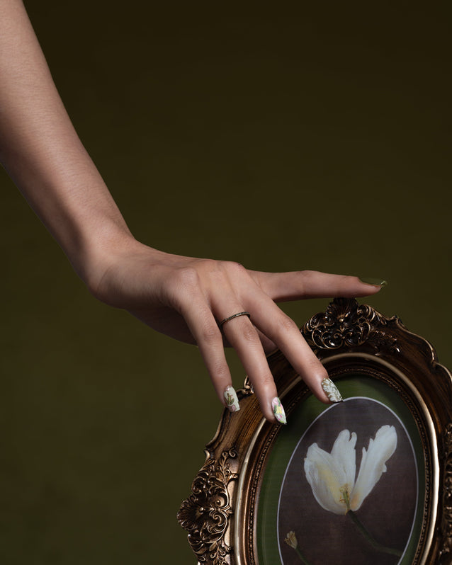 Green press on nails with hand-painted  floral nail art