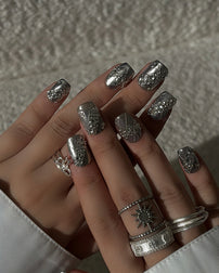 Luxury silver press on nails featuring a lace pattern and crystal accents