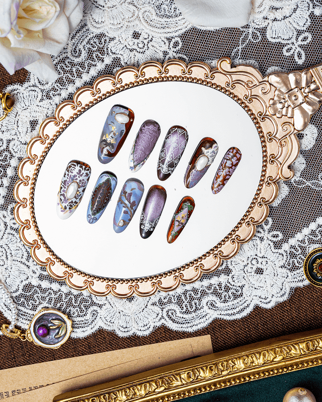 ZIYURA luxury press on nails in violet and brown tones with pearl and lace vintage patterns nail art.
