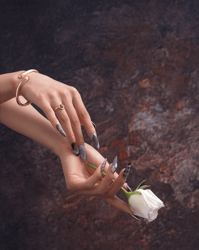 ZIYURA luxury press on nails in violet and brown tones with pearl and lace vintage patterns nail art.
