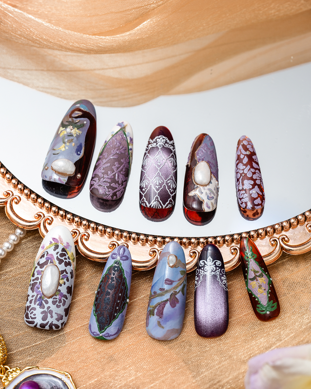 ZIYURA handcrafted press on nails in violet and brown tones with pearl and lace vintage patterns nail art.
